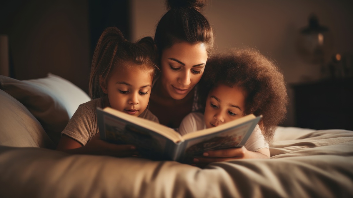 Mãe lendo para as filhas